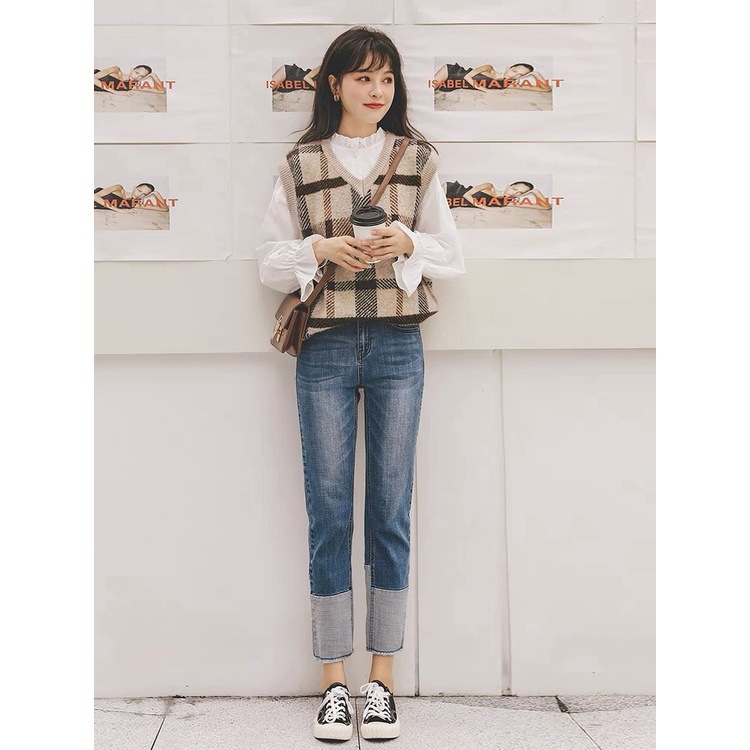 Áo gile len nữ hàn quốc dáng rộng ulzzang cổ v họa tiết kẻ caro mix sơ mi trắng - 038 | WebRaoVat - webraovat.net.vn