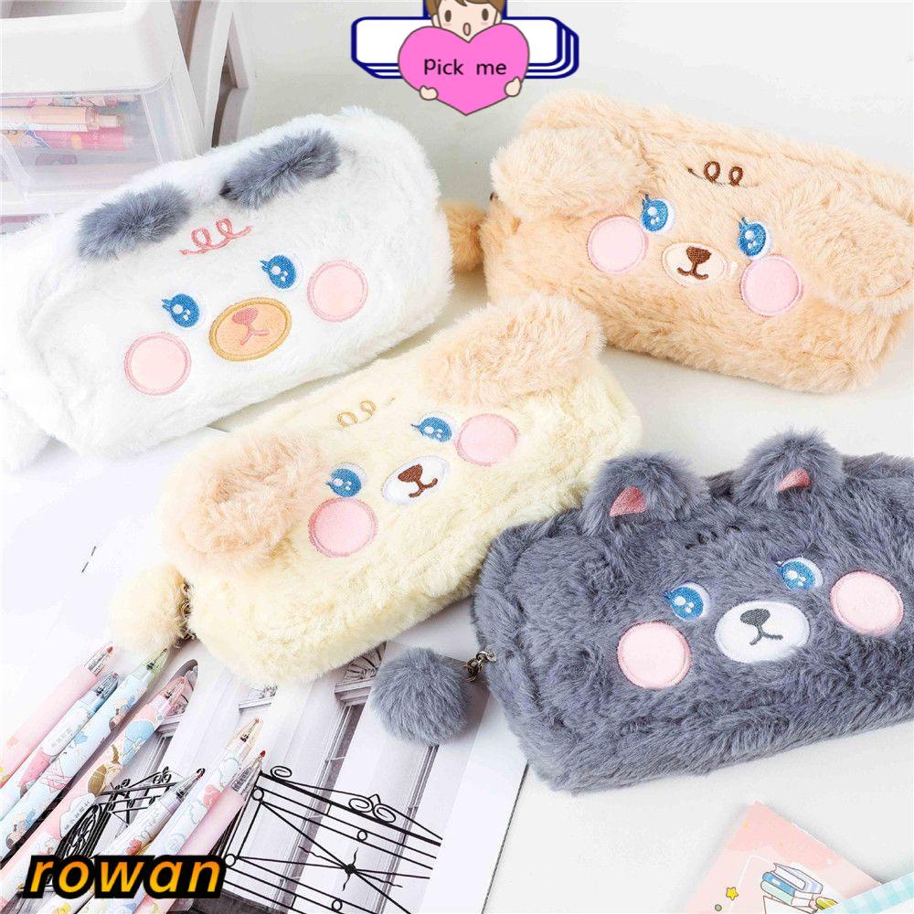 Túi đựng bút bằng vải lông hình cún / mèo dễ thương sức chứa lớn nhiều màu tùy chọn