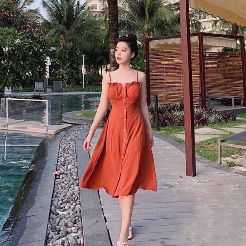 Đầm Váy Hai Dây Nhún Bèo Hàng Nút (Có Mút Ngực) Màu Tím