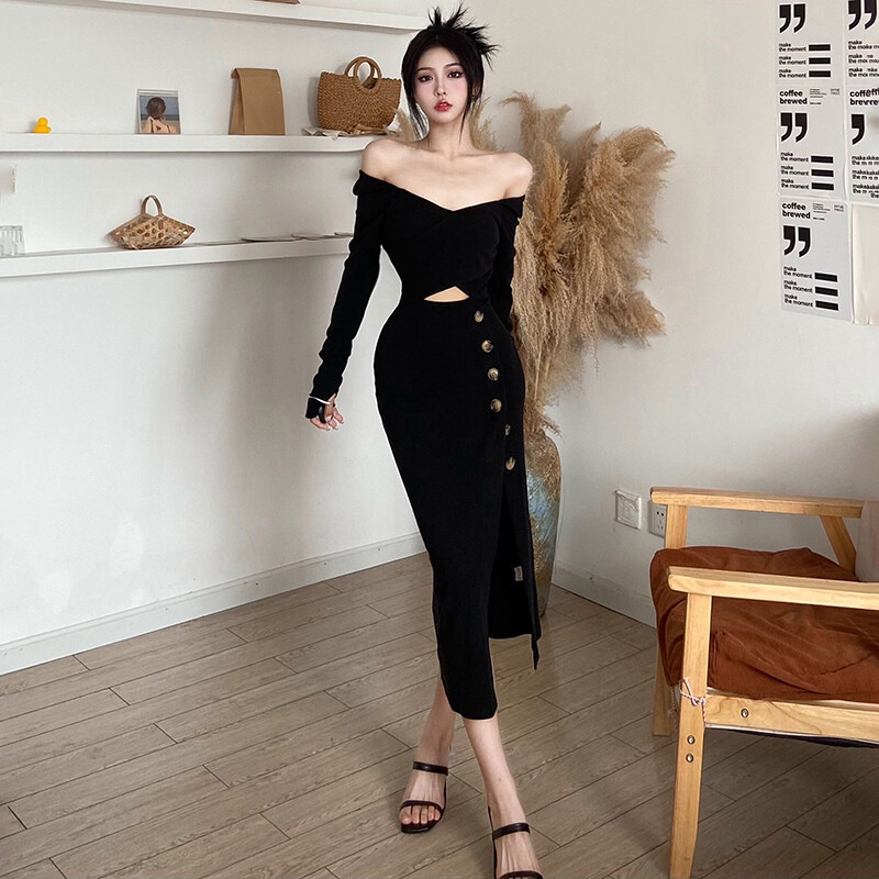 Kliou 2022 Mới Đầm midi Kliou dáng ôm tay dài cổ chữ V cài nút sành điệu cho nữ
