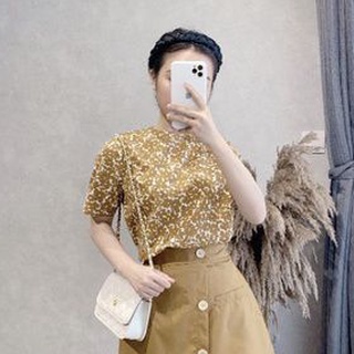 Áo sơ mi nữ hoa nhí cổ tròn vải thô cách điệu đi làm, dạo phố