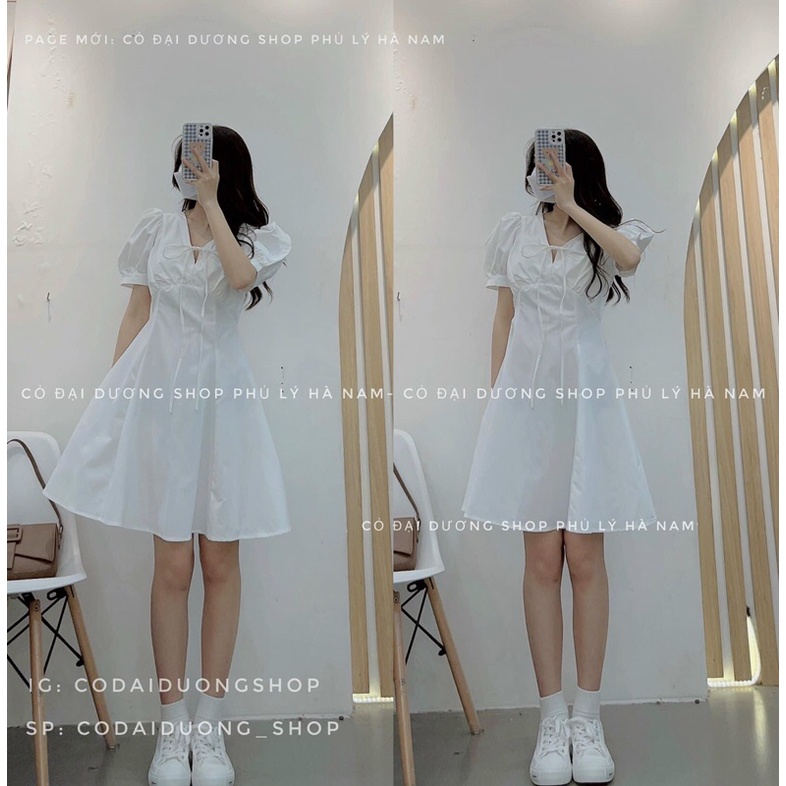váy tay bồng cổ tim dây nơ ngực 110
