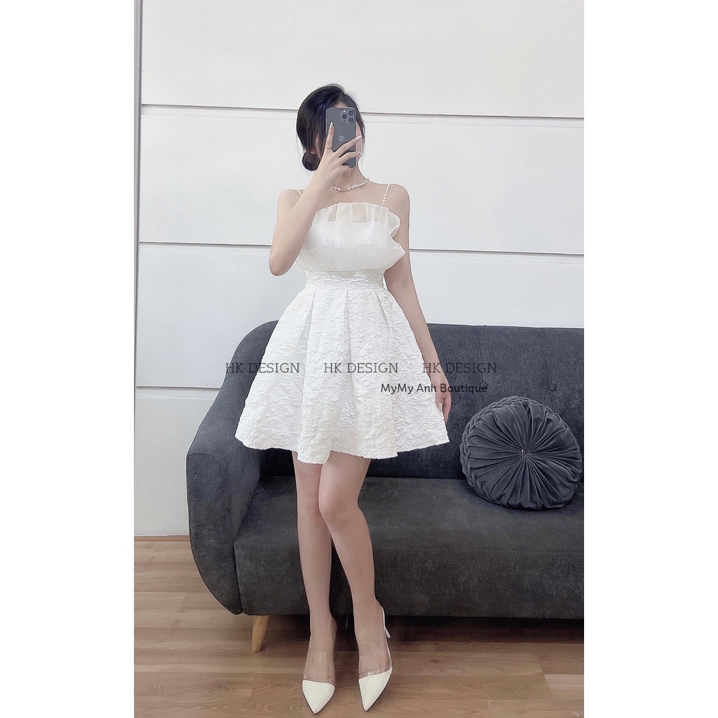 Váy Gấm Hoa 2 Dây Ngọc Chun Lưng Có Mút Ngực,Đầm nữ xòe vải xốp vân hàn hoa 3D phối 2 dây , váy đẹp dự tiệc