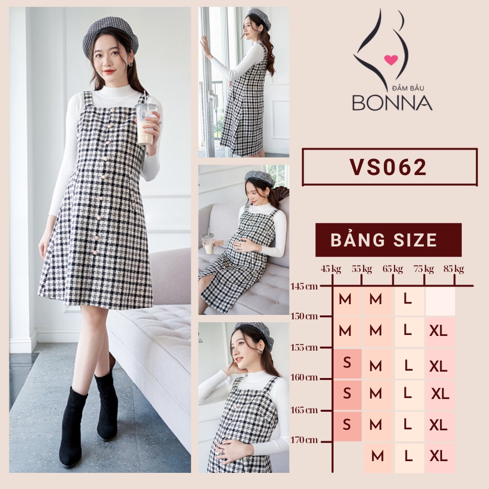 Đầm yếm bầu BONNA chất dạ tweed phối họa tiết kẻ caro thanh lịch, đai điều chỉnh to nhỏ VS062 ( SP KHÔNG KÈM ÁO LEN)