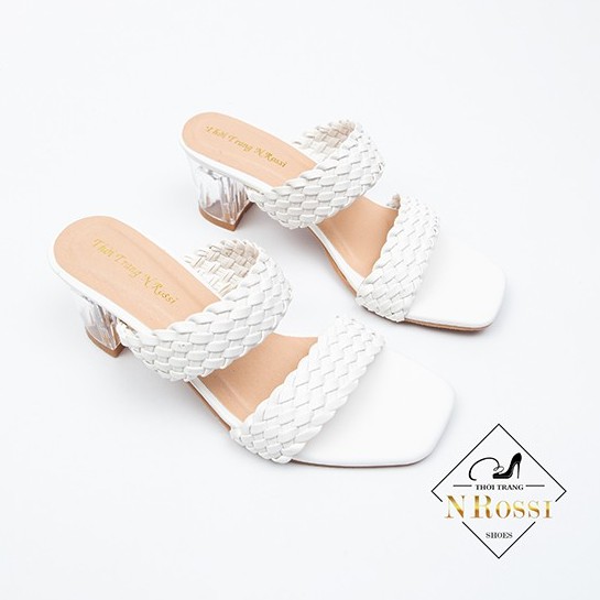 ❤FREESHIP❤ Dép cao gót Nrossi mũi vuông quai ngang gót cao 5cm màu trắng có size lớn 40 41 42 43 44_N2124