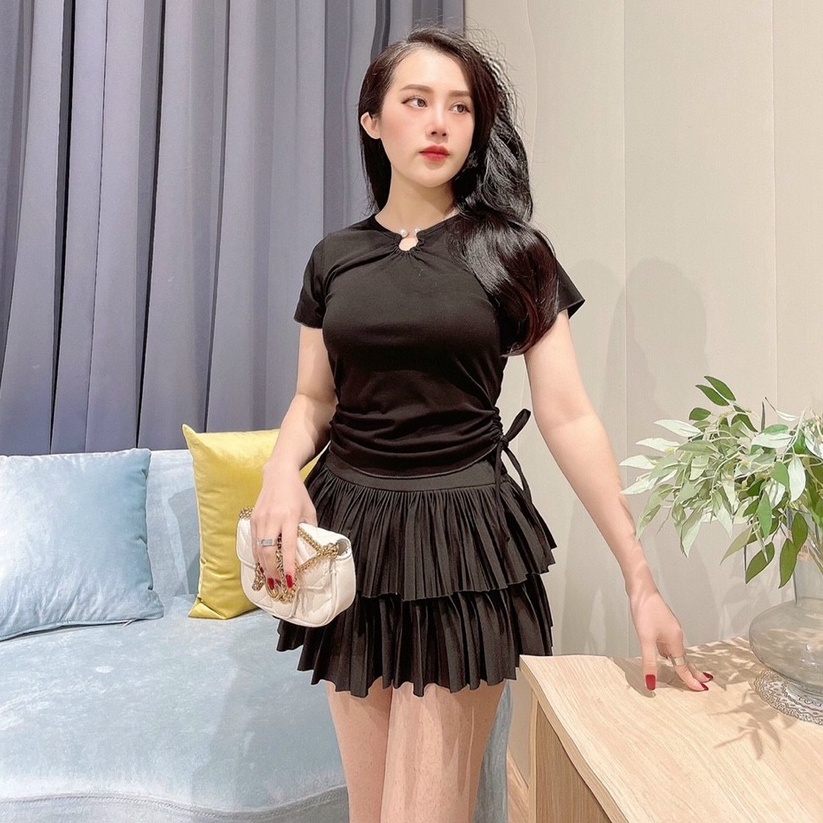 Áo thun nữ rút dây cổ kiểu tay ngắn - Áo phông nữ dáng ôm cotton mềm mại thời trang