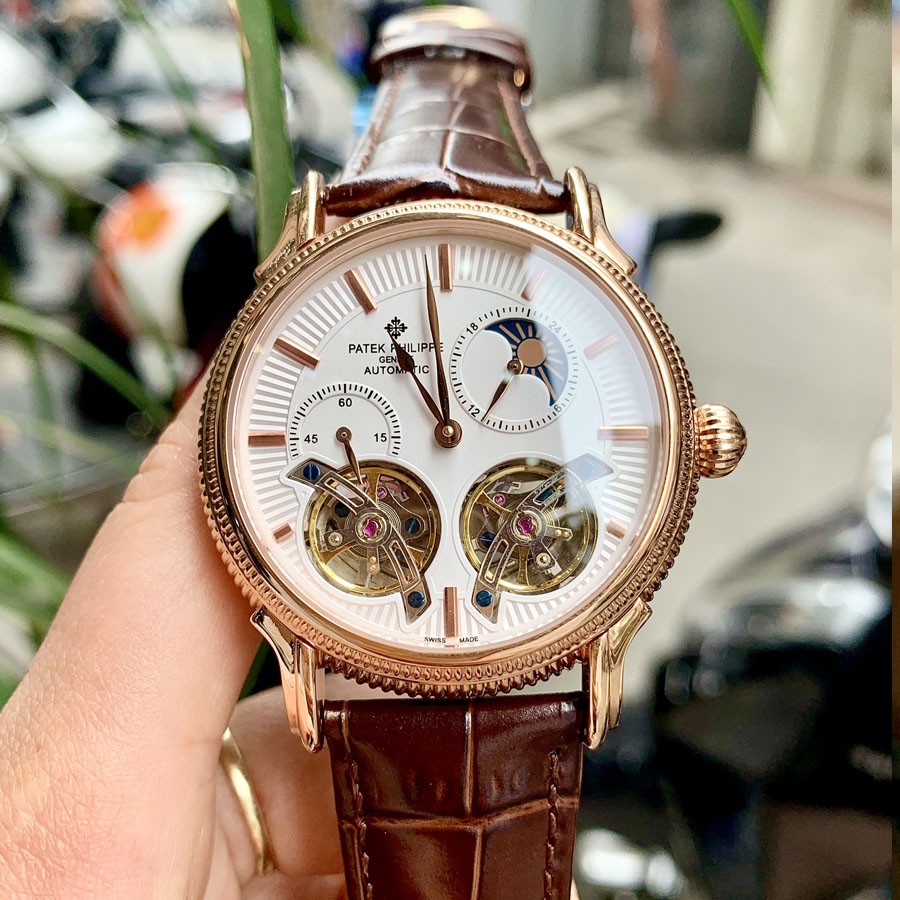 Đồng hồ Nam Patek 2 tim máy nhật, mặt trắng viền vàng, dòng cơ Automatic size 42mm-43mm | BigBuy360 - bigbuy360.vn