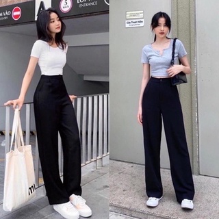Quần suông nữ ống rộng lưng cao khóa trước có khuy cạp cao ba phân