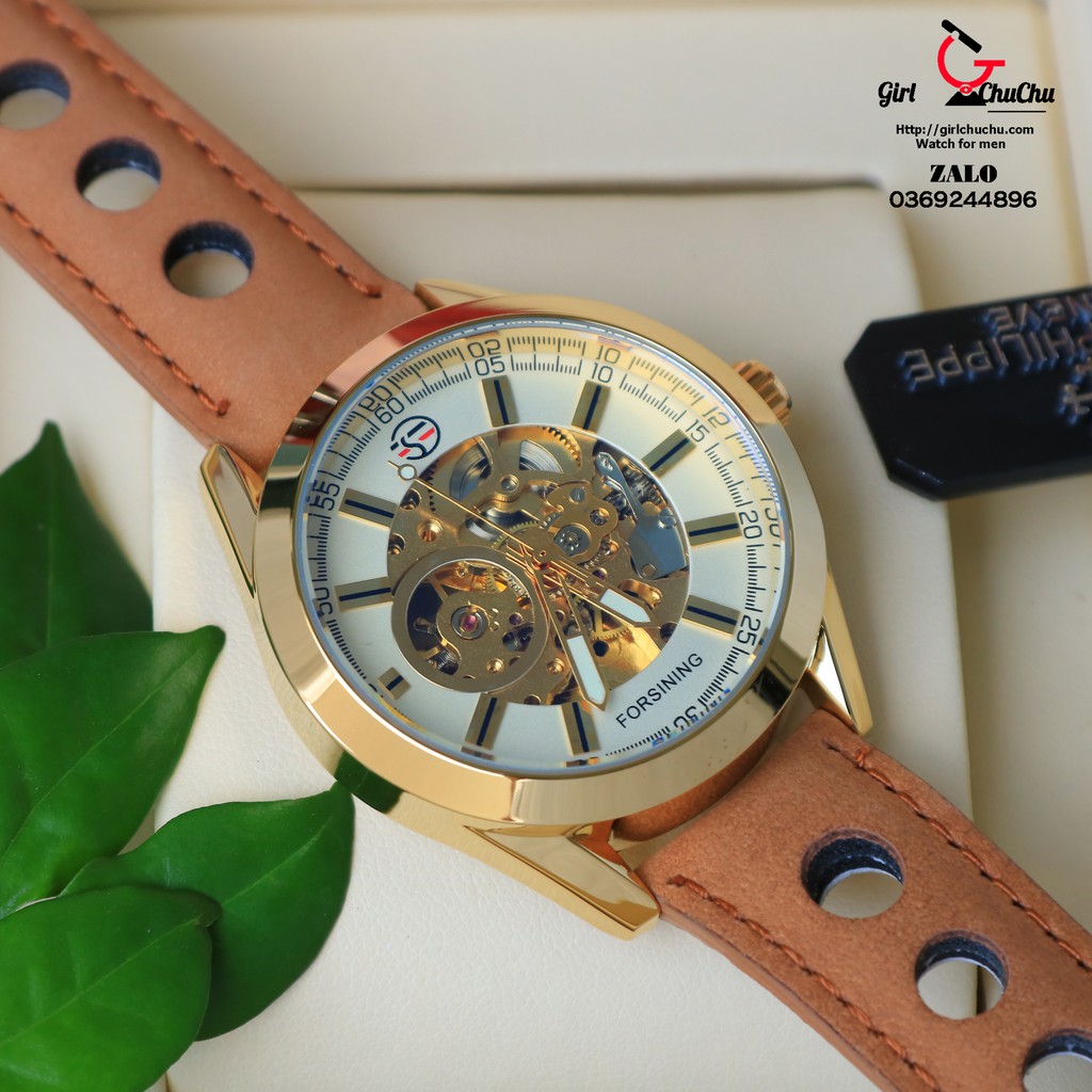 Đồng hồ nam Forsining cơ lộ máy thiết kế tự động lên cót không cần pin, phần dây da thiết kế 3 lỗ thời trang ấn tượng