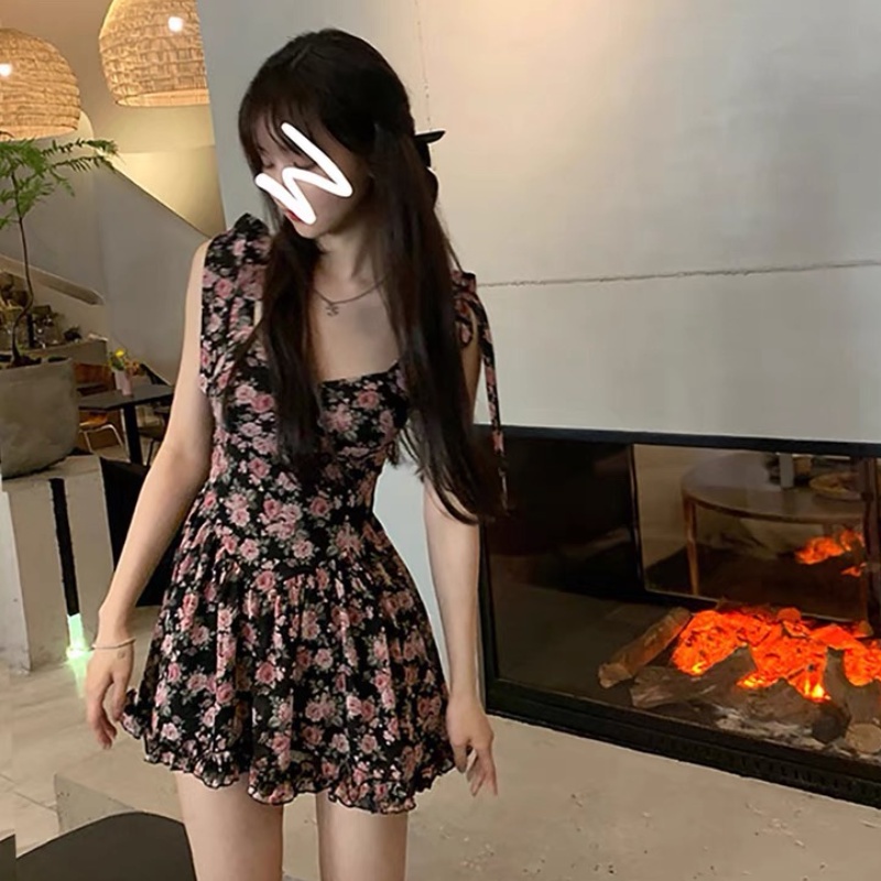 Đầm ngắn hai dây in hoa thời trang mùa hè Hàn Quốc dành cho nữ