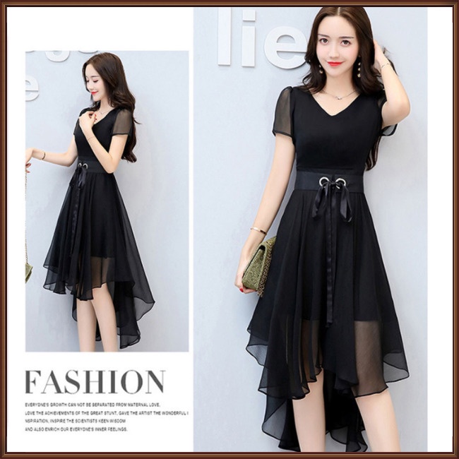 Đầm Voan Ngắn Tay Cổ Chữ V Thiết Kế Bất Đối Xứng Phối Dây Rút Thời Trang Cho Nữ