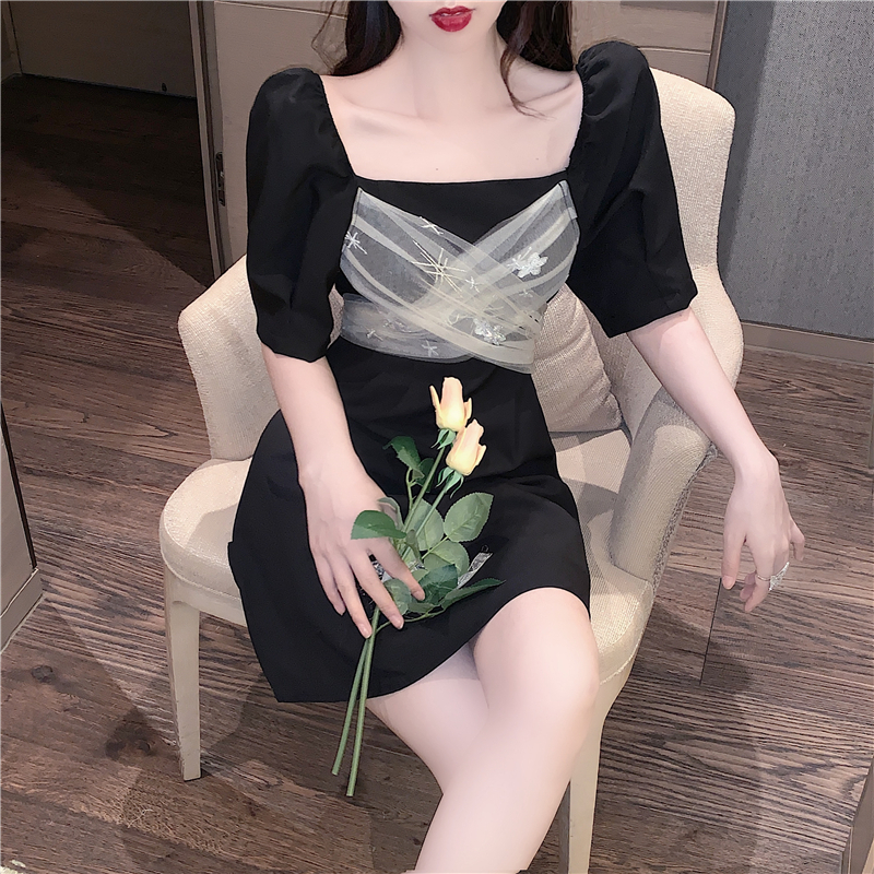 Phong Cách Hàn Quốc A Line Dress Mesh Stitching Design Summer Square Collar Puff Sleeve Women