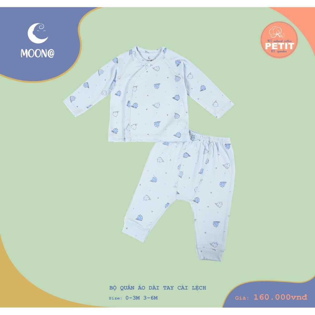 [CHÍNH HÃNG] Bộ quần áo sơ sinh dài tay cài lệch chất petit họa tiết kẻ Moon