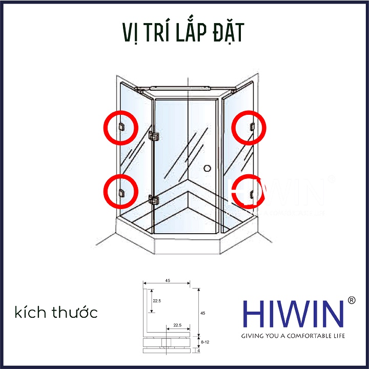 Kẹp định vị cabin tắm 90 độ kính tường cạnh vát chất liệu inox 304 mặt gương HIWIN FC-2082