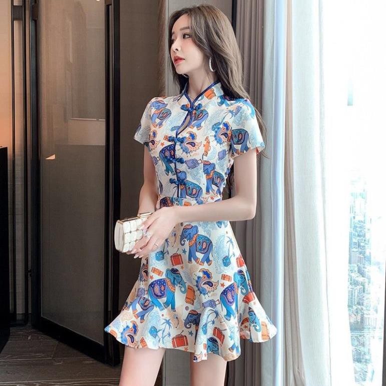 Đầm Cổ Tàu Khoát Ngực, Sườn Xám Cách Tân Đuôi Cá Họa Tiết In Hình Voi Lạ Mắt Trẻ Trung Cho Phái Nữ. | BigBuy360 - bigbuy360.vn