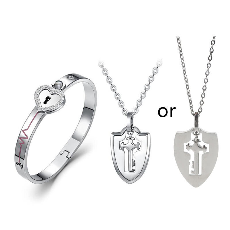 Bộ Vòng Tay + Mặt Vòng cổ Bằng Thép Titan Hình Mảnh Ghép Trái Tim Ổ Khóa / Chìa Khóa Cho Cặp Đô