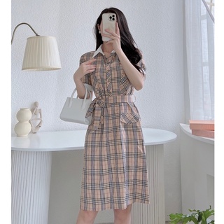 [Mã BMLT35 giảm đến 35K đơn 99K] Váy xòe kẻ caro cổ bẻ sang trọng dây thắt eo rời gọn gàng thoáng mát thiêt kế Evalover
