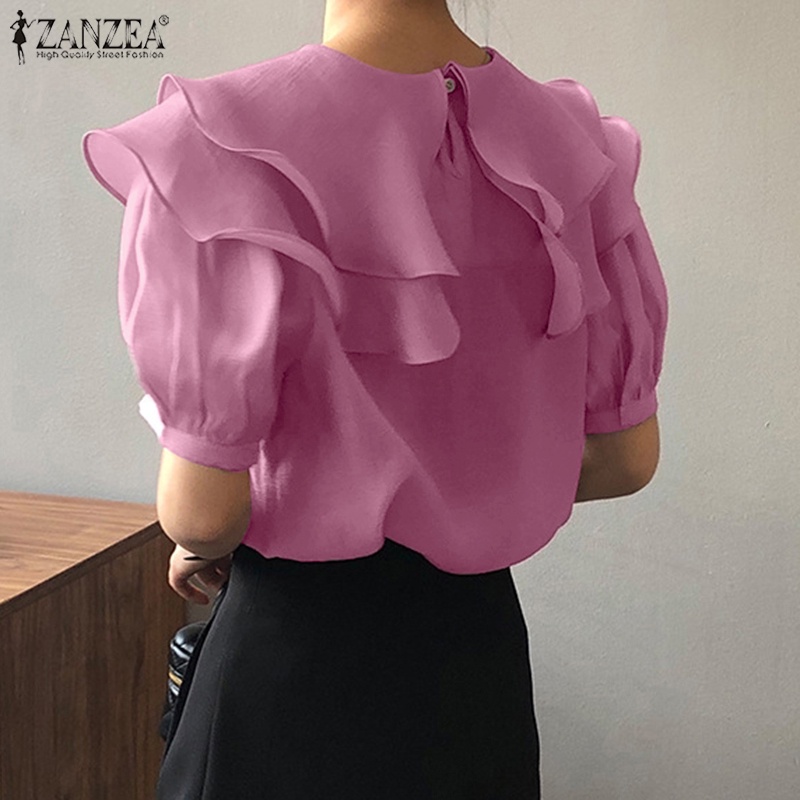 Áo sơ mi Zanzea tay ngắn dáng rộng màu trơn phong cách Hàn Quốc thời trang cho nữ