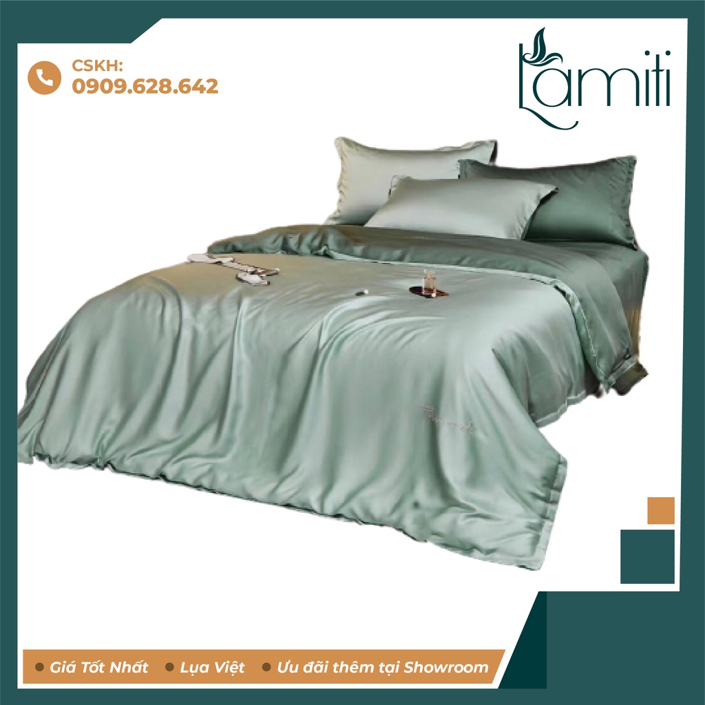 Ga giường phi lụa (lụa silk ) Lamiti hàng loại 1 giá tận xưởng bao bì đẹp chất mát mềm mịn - xanh matcha phối xanh ngọc
