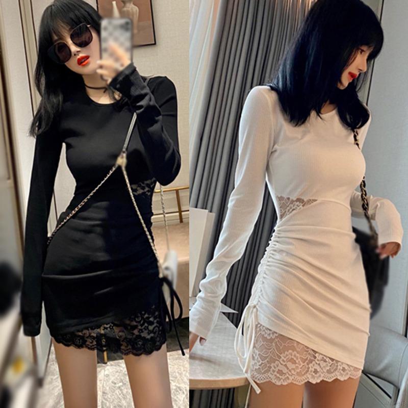 women's Slim Fit Sexy Round Neck Waist Lace Stitching Long Sleeve Dress