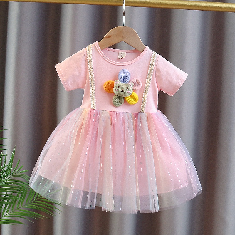 Đầm Ngắn Tay Giả Hai Lớp In Hình Thỏ Dễ Thương Dành Cho Bé Gái