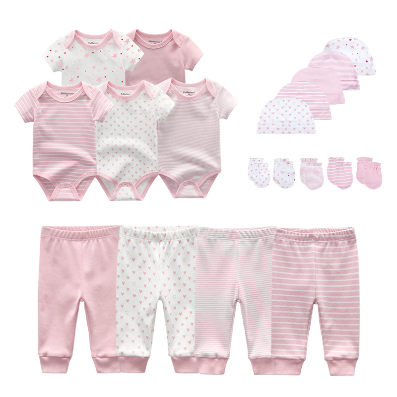 Set áo liền quần dài tay cổ tròn + quần dài + mũ + găng tay bằng thun đáng yêu cho trẻ nhỏ