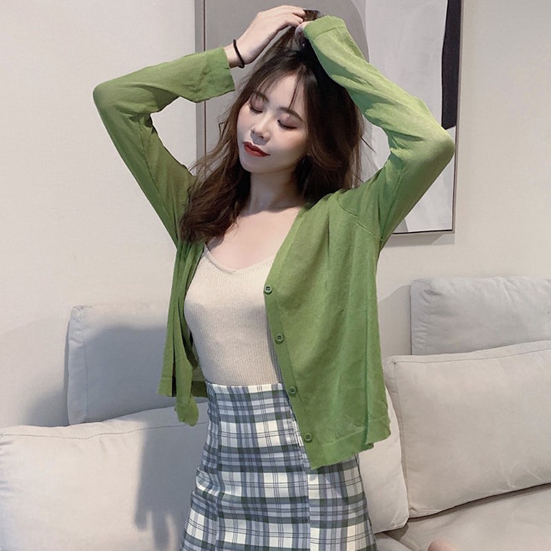 Áo Khoác Cardigan Dệt Kim Mỏng Tay Dài Cổ Chữ V Thiết Kế Xinh Xắn Cho Nữ