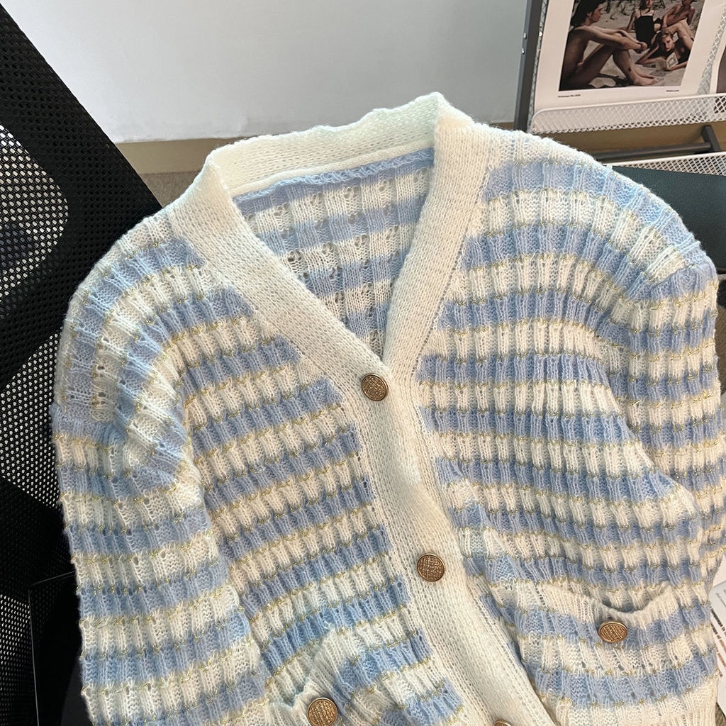 Áo Cardigan Dệt Kim Tay Dài Cổ Chữ V Họa Tiết Kẻ Sọc Màu Sắc Tương Phản Thời Trang Mùa