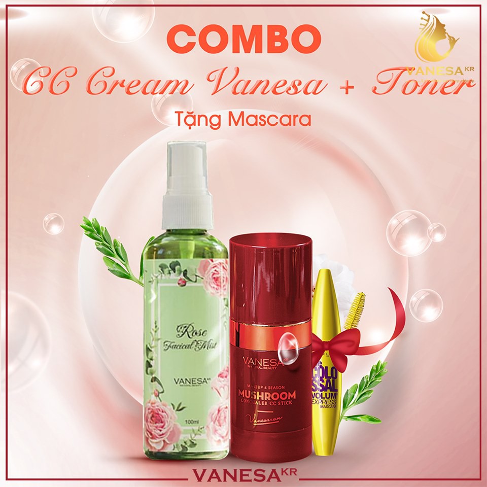 Combo CC Đỏ Vanesa Kèm Toner Xịt khoáng Tặng Mascara