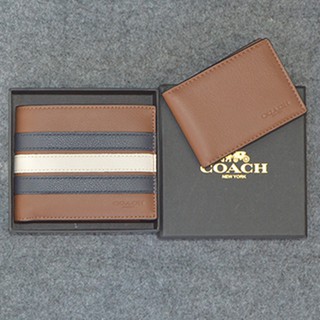 Ví Coach Compact ID Wallet F75399 màu nâu sọc trắng