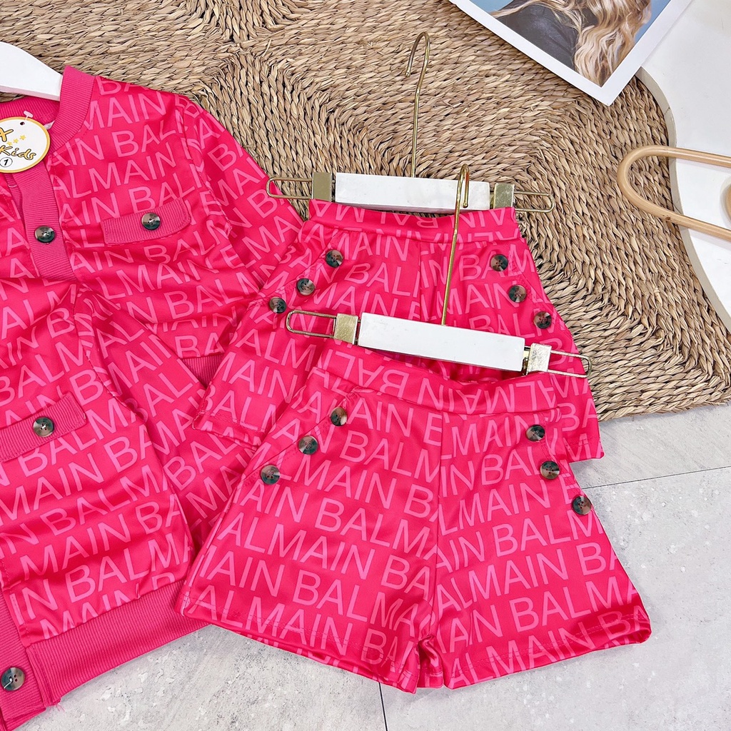 Set bé gái mầu hồng sen áo bo và quần đùi đính cúc XHN1061