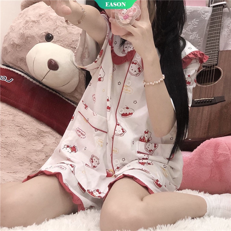 Sanrio Bộ Đồ Ngủ Hai Mảnh Tay Ngắn Phong Cách Harajuku In Họa Tiết Hello Kitty Thời Trang Mùa Hè Dành Cho Học Sinh 2022
