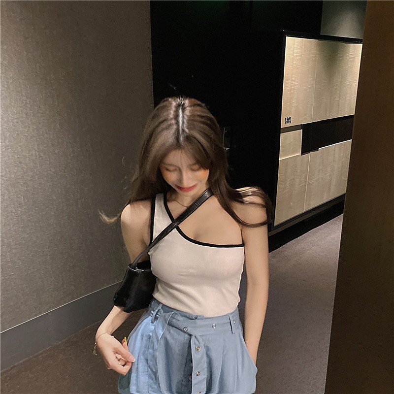 Cocory vn Single shoulder strap irregular hot girl sexy vest Women Fashion Off Shoulder Slim Crop top