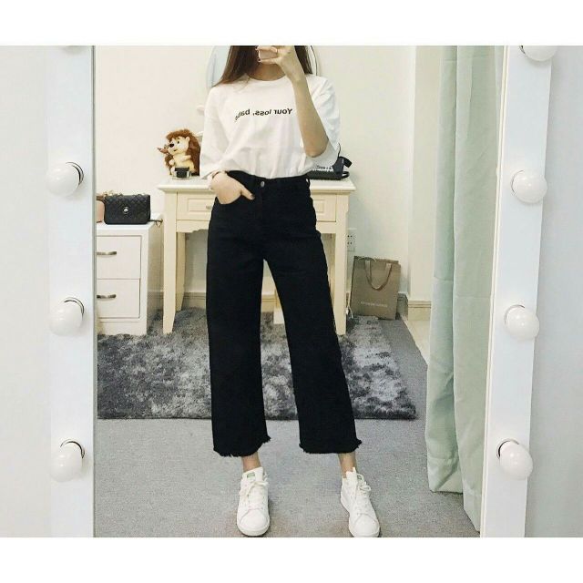 Lenkapas - Quần Ulzzang Kaki Jeans ống rộng lưng cao - hình thật trải sàn