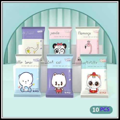 COMBO 10 GIẤY ƯỚT HÌNH THÚ  bỏ túi mini an toàn cho mẹ và bé in hình siêu cute