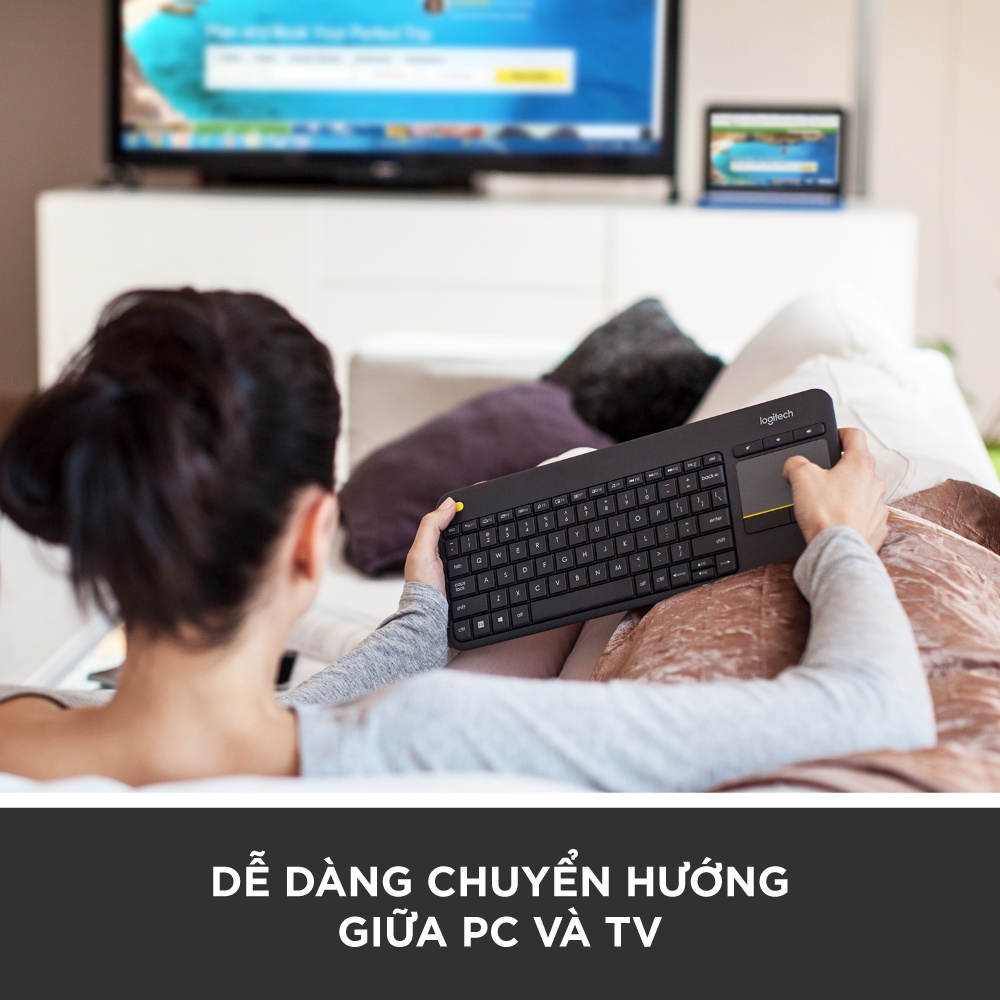 Bàn phím không dây Logitech K400 Plus, có touchpad để kết nối PC - TV, Laptop/Tablets