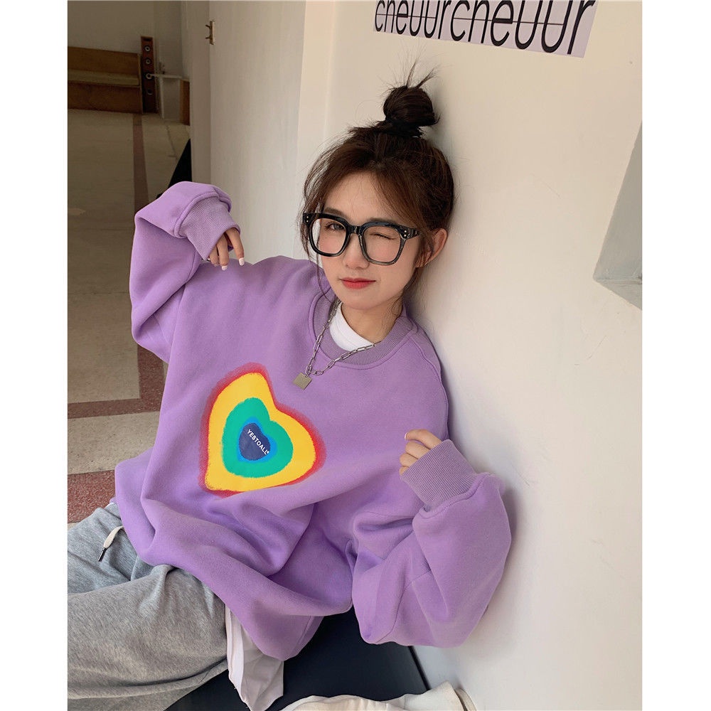 Áo sweater cổ tròn dáng rộng in hình trái tim màu tím phong cách Hàn Quốc thời trang thu đông mới dành cho nữ 2021