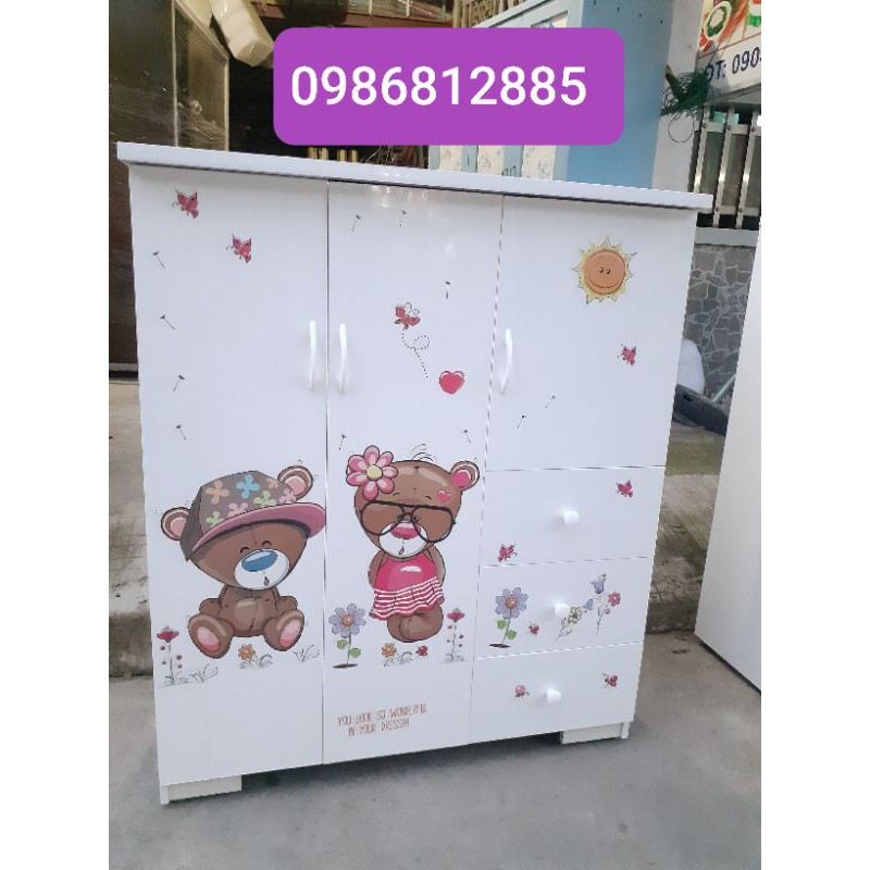 Tủ quần áo trẻ em nhựa Đài Loan 3 cánh 3 ngăn kéo decan Giấc Mơ Xinh/Gấu iu kích thước 125*106cm Freeship