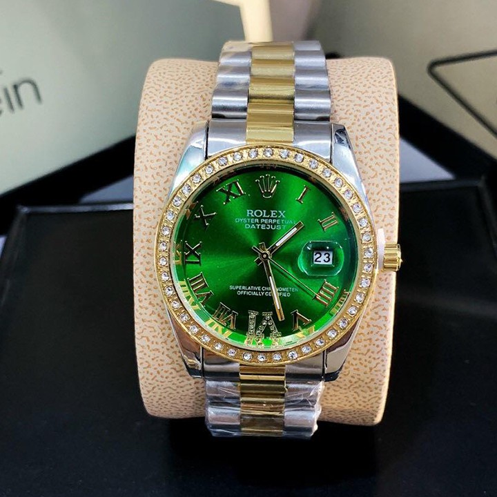 Đồng hồ nam Rolex size 38mm viền đá, mặt số la mã đính đá, dây đúc hợp kim không gỉ, không phai màu - Bảo hành 12 tháng