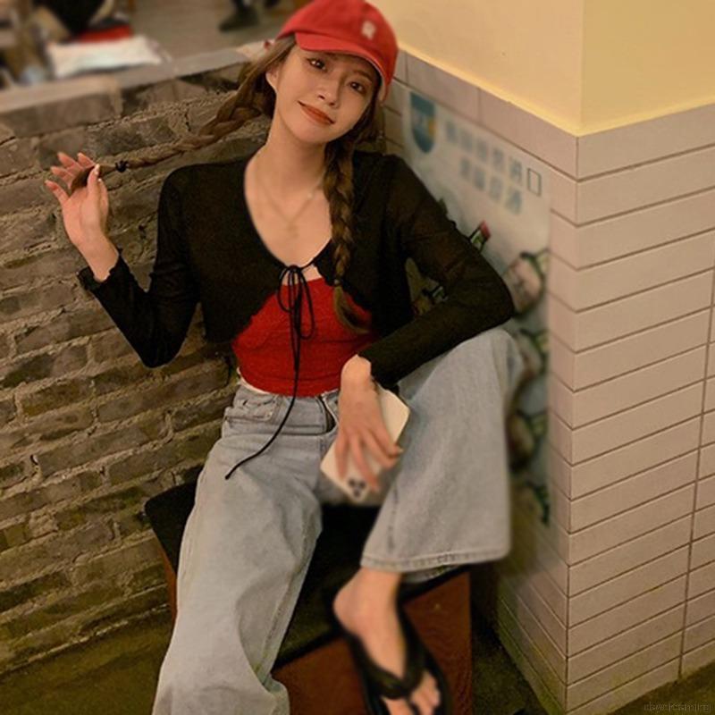 Áo Khoác cardigan Dệt Kim Mỏng Tay Dài Thắt Nơ Kiểu Pháp Dành Cho Nữ