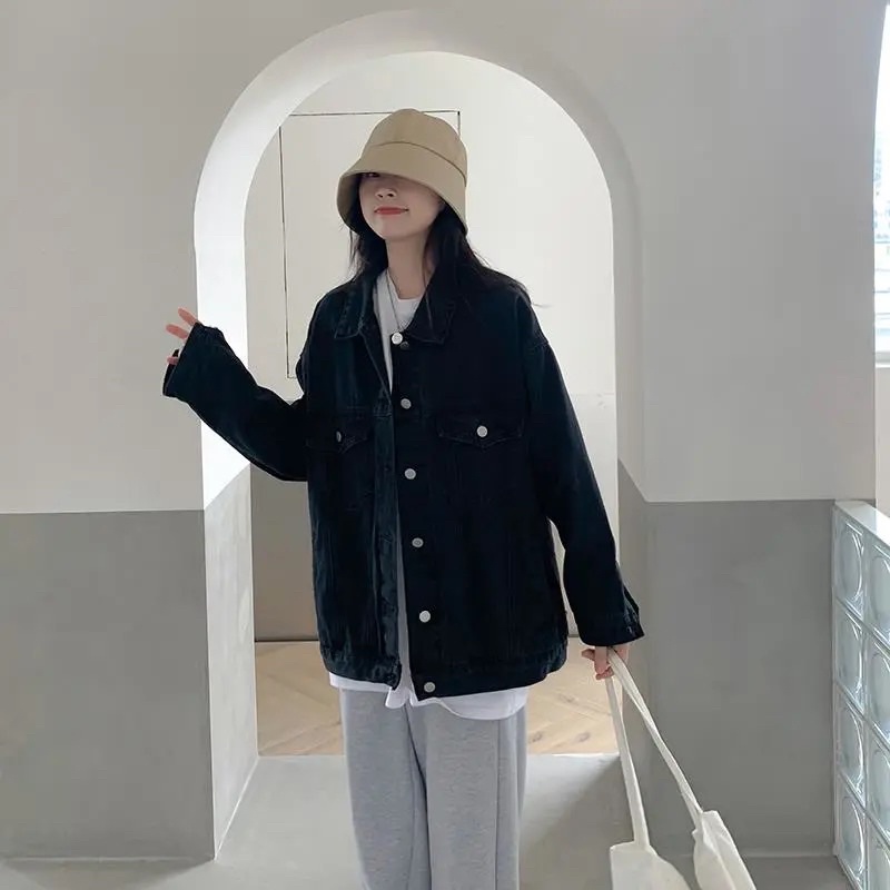 Áo Khoác Jean Dài Tay Màu Đen, Áo Denim Bò Có Cổ Cài Cúc Loại 1 Hàng Quảng Châu Phong Cách Ulzzang Cá Tính Basic