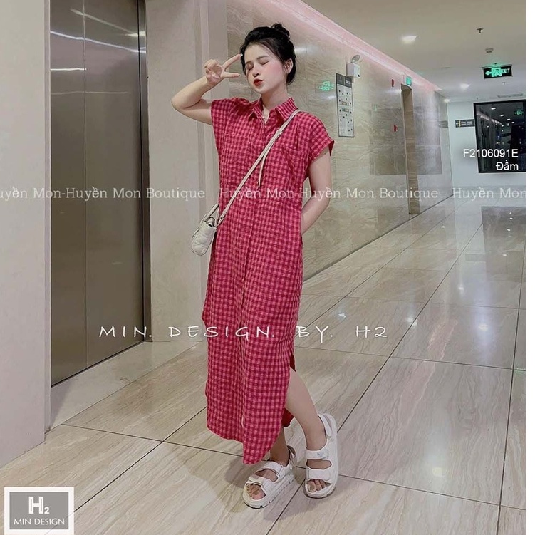 Đầm sơ mi dáng suông caro hồng có túi tay hến!