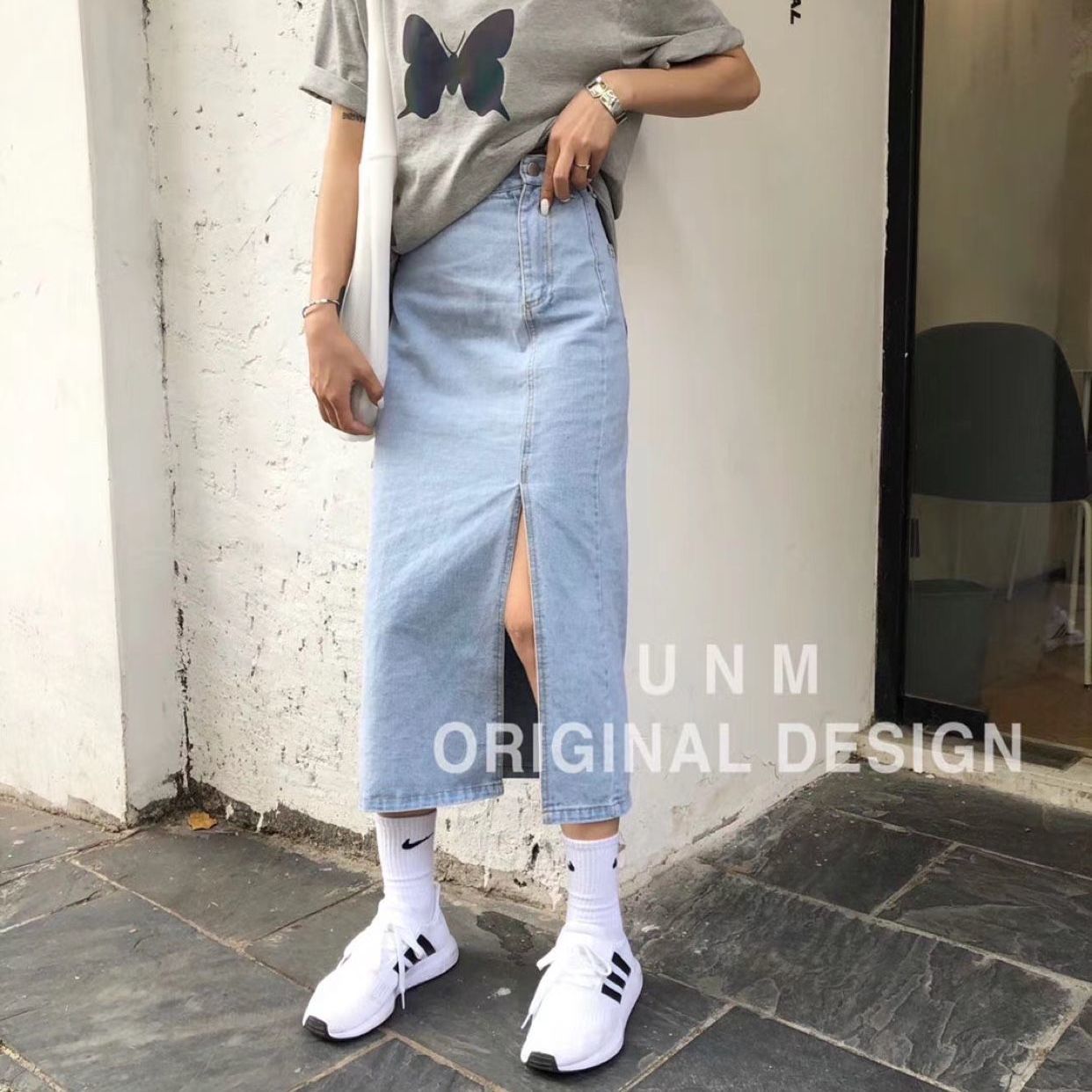 Chân Váy Denim Chữ A Dáng Dài Lưng Cao Xẻ Tà Xinh Xắn Phong Cách Hàn Quốc | BigBuy360 - bigbuy360.vn