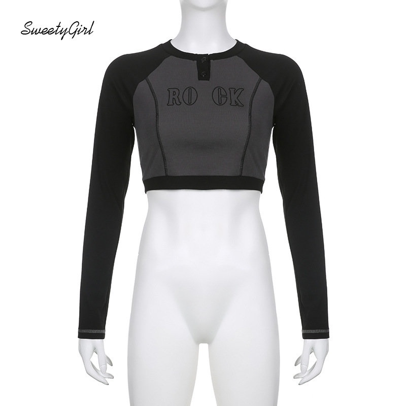 Áo Thun Tay Dài Cổ Tròn In Chữ Phối Màu Tương Phản Thời Trang 2022 Quyến Rũ Cho Nữ