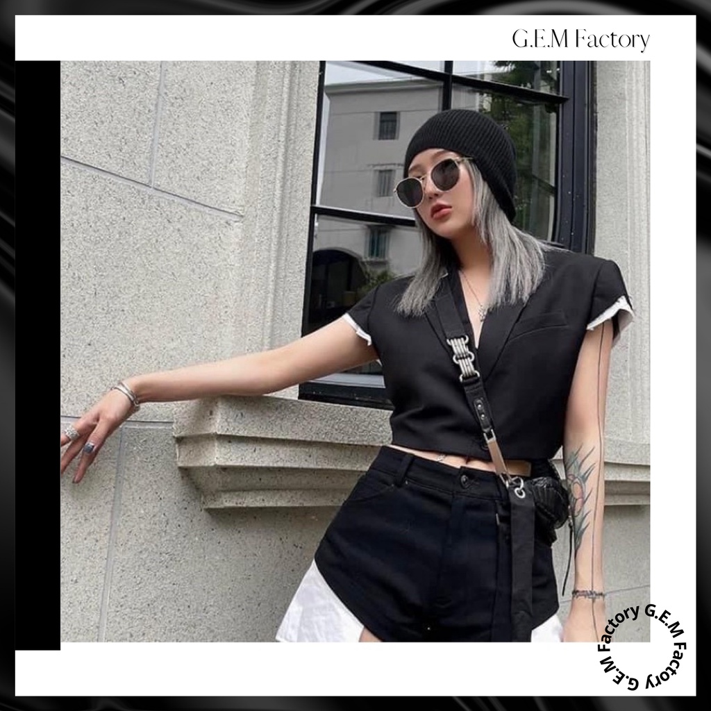 Áo Croptop Đen Dáng Vest Tay Ngắn Cách Điệu, Áo Khoác Blazer Nữ Dáng Ngắn Phong Cách Trẻ Trung Sành Điệu