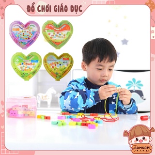 Xâu hạt gỗ hộp hình trái tim 50 hạt nhiều chủ đề, đồ chơi gỗ cho bé