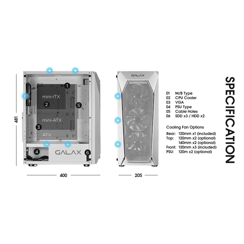 Vỏ Case Galax Revolution-05 Mid Tower Black | White (Tặng kèm 4 Fan) - Hàng chính hãng