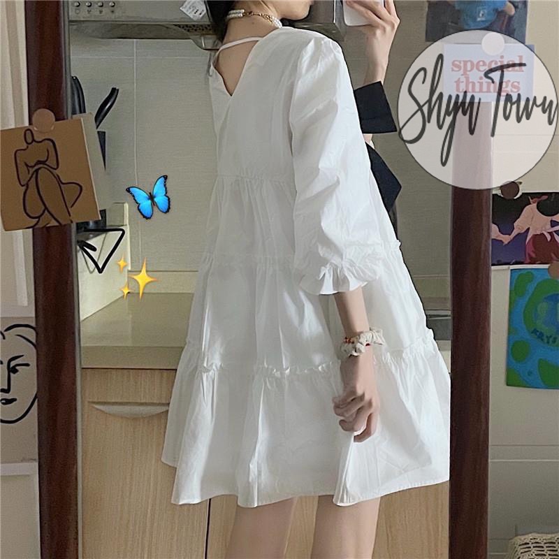 [KÈM VIDEO-ẢNH THẬT] Đầm công chúa xinh xắn 2 lớp tay phồng dáng xoè màu trắng đính nơ, Váy babydoll nữ -ShynCloset | BigBuy360 - bigbuy360.vn