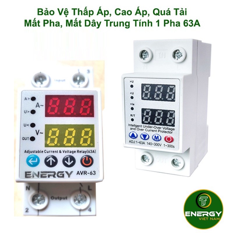 Bảo Vệ Chống Quá Áp, Mất Pha, Bảo Vệ Điện Áp Thấp, Điện Áp Cao, Đứt Trung Tính 1 Pha 63A - Thiết Bị Điện ENERGY