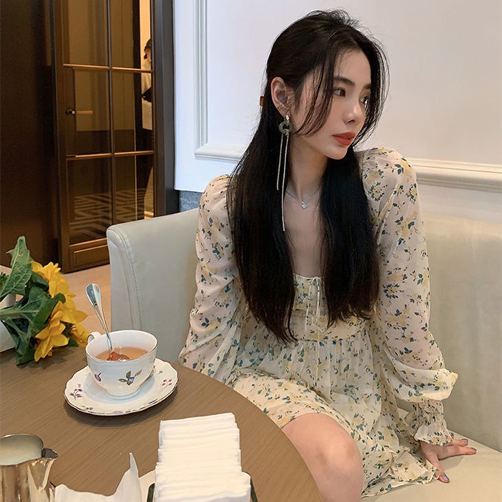 Đầm voan COZOKC cổ vuông in hoa xinh xắn thời trang cho nữ